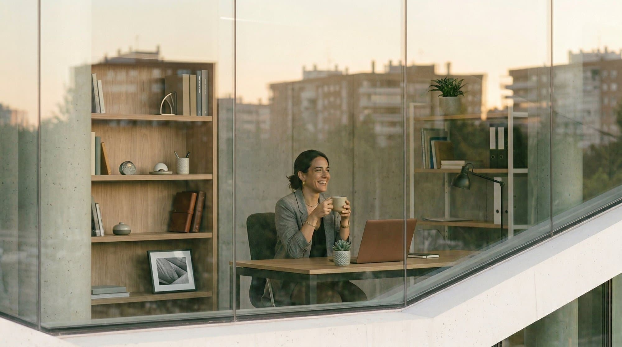 Profesional en oficina moderna con ventanales, portátil y vista urbana al atardecer — entorno de trabajo de estrategia digital